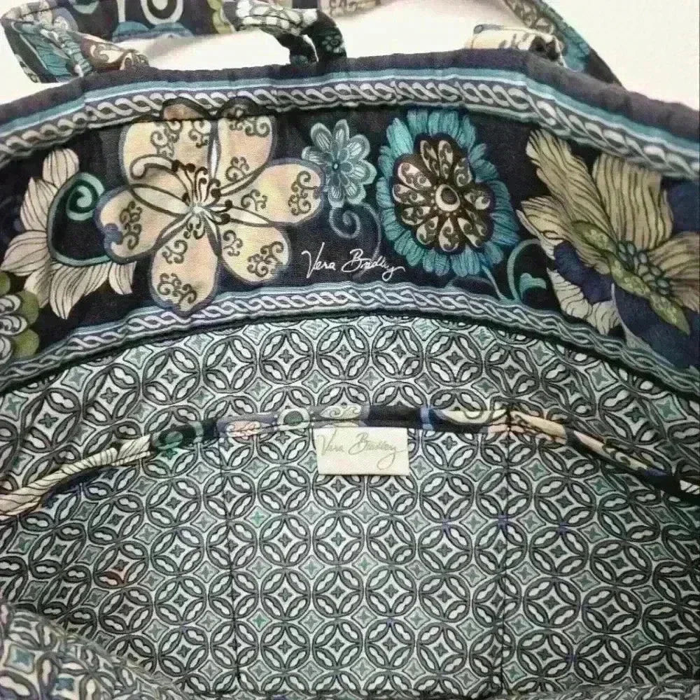 Vera Bradley Blue Cream Floral Cotton Large Tote Very Good Condition